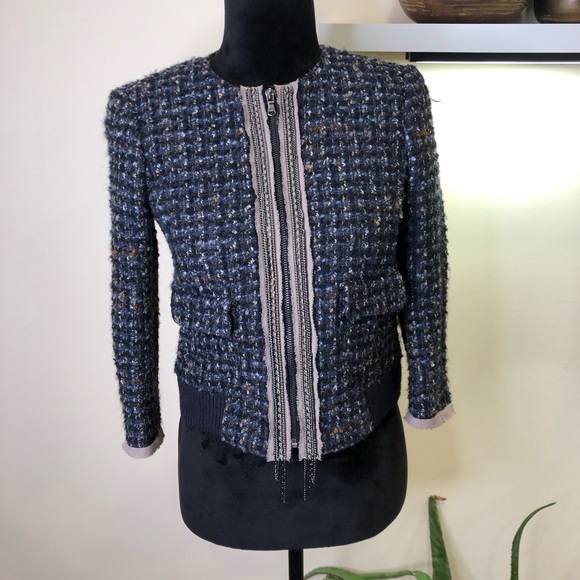 Ann Taylor LOFT Navy Tweed Wool Bomber Jacket Blazer Silver Chain Detail XSP - Picture 2 of 9